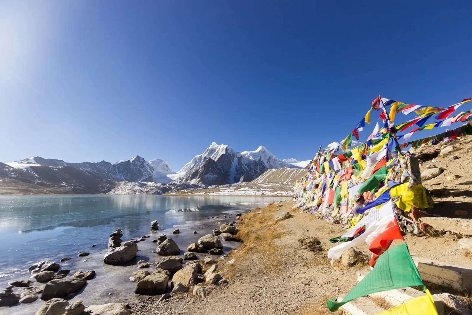 Prayer flags on the shore of Gurudongmar Lake below snow peaks